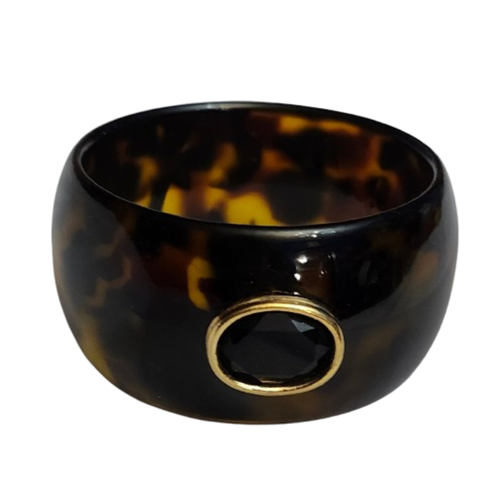 Vtg Faux Tortoise Lucite Wide Bangle Bracelet Inset Black Beveled Gem